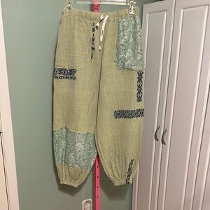 Green Patchwork Pants with Blue Accents
